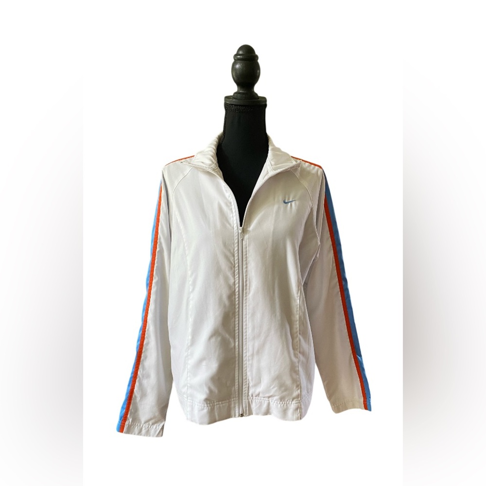 Nike: White Lightweight Bomber Jacket with Retro Blue and Orange Stripe Design